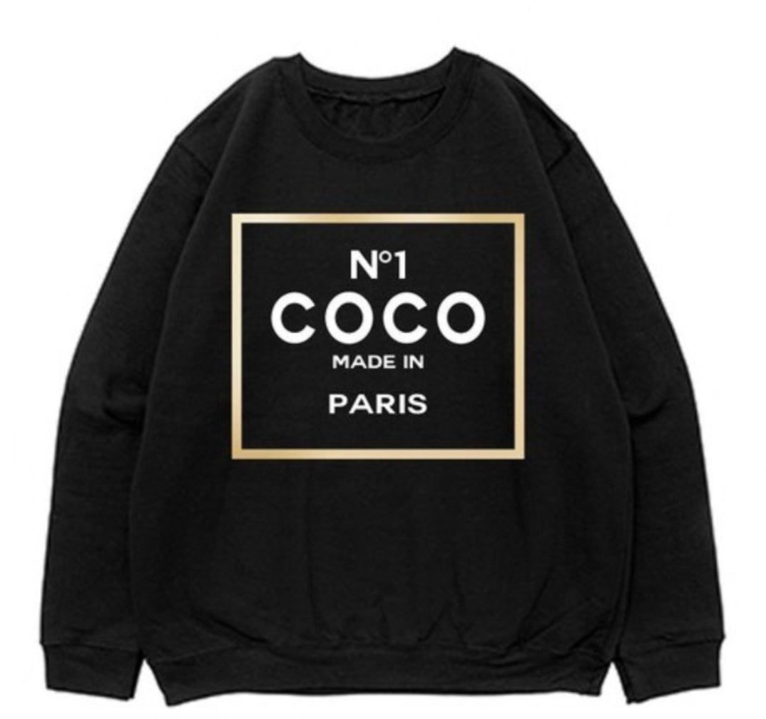 Graphic sweatshirt that reads "No1 Coco Made in Paris"