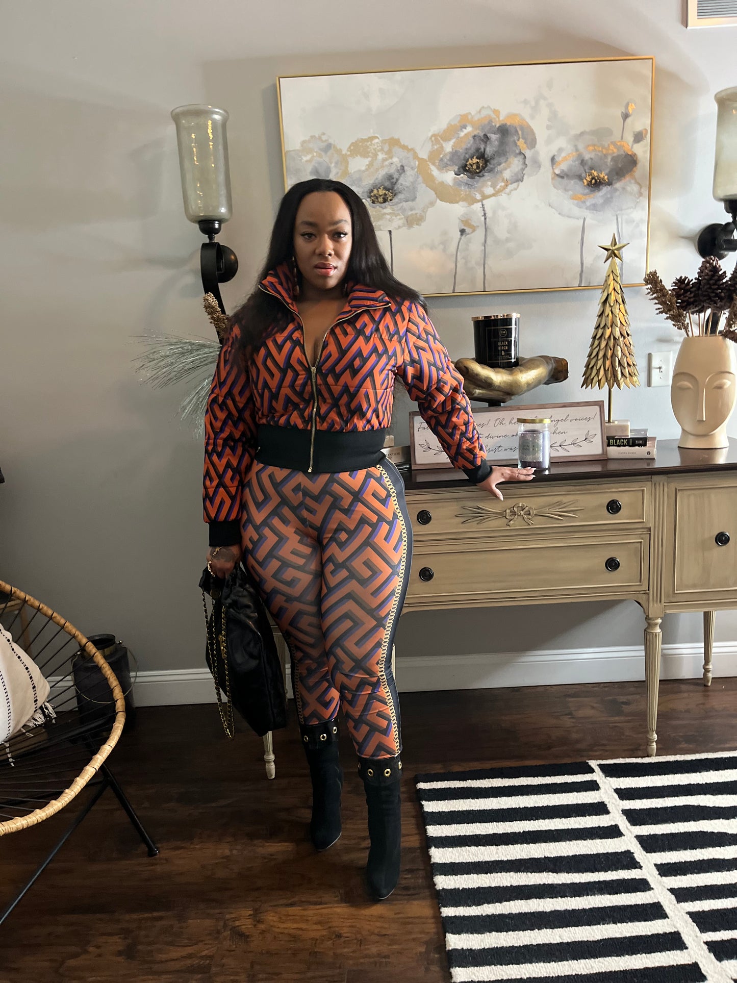Bronx- PUFF CROP JACKET & HIGH WAIST MATCHING PRINT LEGGING PANTS SET