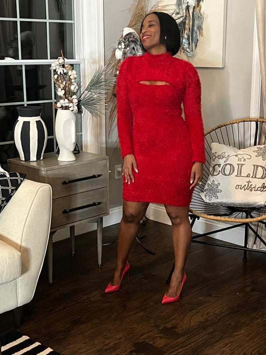 Atlanta- FAUX FUR MOCK NECK 2-PIECE TUBE DRESS SET (RED)