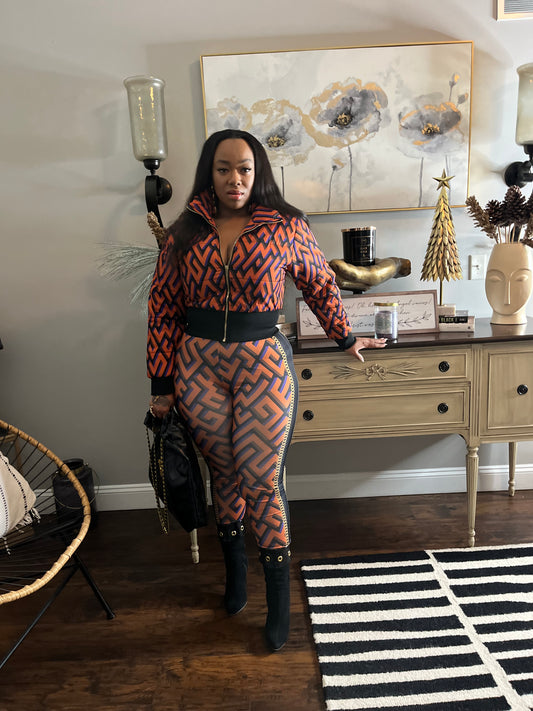 Bronx- PUFF CROP JACKET & HIGH WAIST MATCHING PRINT LEGGING PANTS SET